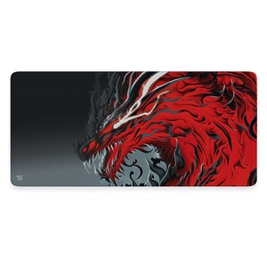 May include: A red and black dragon mousepad with a stylized dragon design. The dragon's head is facing the left side of the image. The dragon's eyes are white and the mouth is open, showing sharp teeth. The dragon's body is made up of red and black scales. The background is a gradient of black and gray.