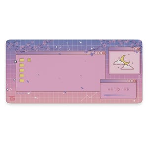 May include: A rectangular mousepad with a pastel pink and purple gradient design. The mousepad features a retro computer interface aesthetic with window-like elements, a crescent moon, and cherry blossom branches.