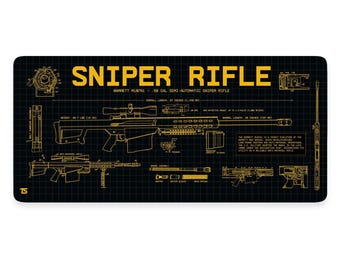 Gaming Mouse Pad XL - Sniper Rifle Black Yellow | Extended Desk Mat | 900x400 / 800x300 | Stitched Edges | Nonslip | Washable