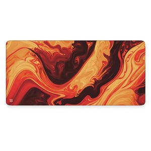 Puede incluir: Alfombrilla de ratón con diseño de remolino abstracto en rojo, naranja y negro.