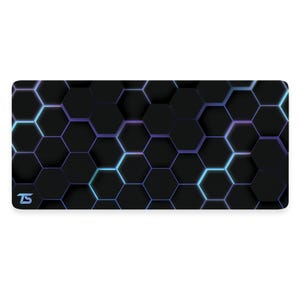 May include: Black gaming mouse pad with a honeycomb pattern and blue and purple glowing lines. The mouse pad has a small logo in the bottom left corner that says "TS".