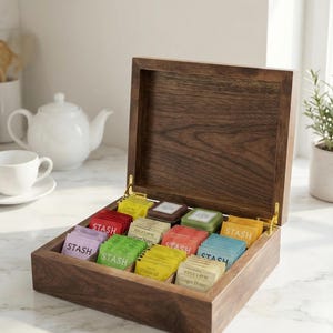 Walnut Tea Bag Organizer - 12 Slot Tea Storage Box