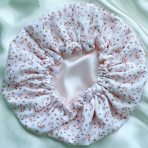 Bonnet réversible en gaze de coton et satin / bonnet de soin en satin /bonnet de nuit réversible fleur rose clair