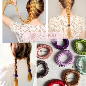 May include: A collection of silk scrunchies in various colors, including violet, rose, and caramel. The scrunchies are shown in different hairstyles, such as braids and ponytails. The brand name "SACHOU Creation" is visible.
