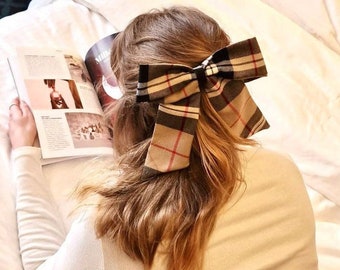 Bow shaped hair clip/ organic cotton hair clip / plaid print vintage hair clip