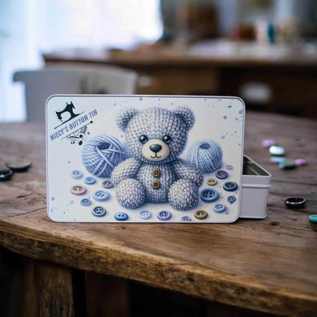 Button Tin. Metal Crochet Teddy Bear, Owl Storage Sewing Box Accessory ...