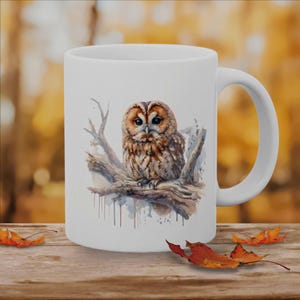 以下が含まれることがあります： 白いセラミックマグカップ。茶色のフクロウが枝にとまっている水彩画のイラストが描かれています。フクロウは大きく暗い目と詳細な羽の模様があります。マグカップには湾曲したハンドルが付いています。