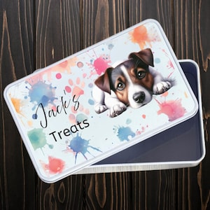 Pet treat tin, personalised dog food metal storage box, various breeds and name of your fur baby. animal lover gift. Gifting ideas. custom.