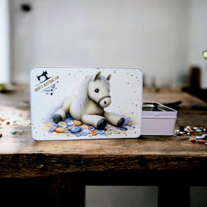 Button tin. A lovely crochet horse metal storage sewing box accessory, unique Gift, knitting accessories, personalised present.