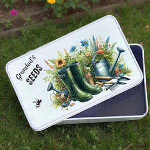 Seed storage metal box tin, keep your flower, vegetable seeds safe, personalised with nan, nanna, grandma, mum, dad & more. A unique Gift,