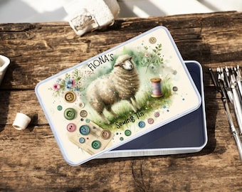 Nähdose. Ein schönes personalisiertes Schafmetallaufbewahrungsboxzubehör, einzigartiges Geschenk, Strickzubehör, Stickereigeschenkidee.