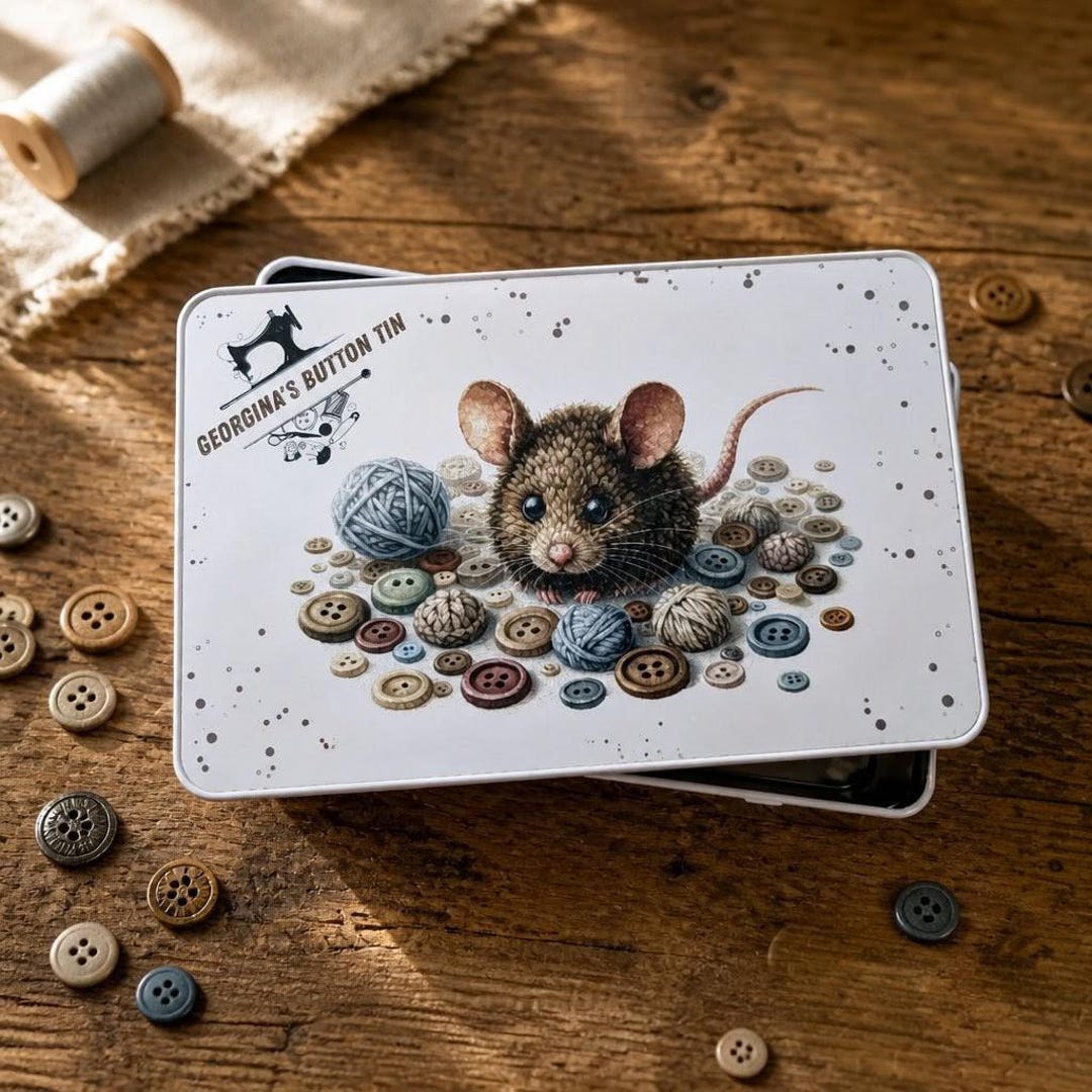 Mouse Button Binder Button Tin. A Lovely Crochet Mouse, Mice Metal Storage Sewing Box ...
