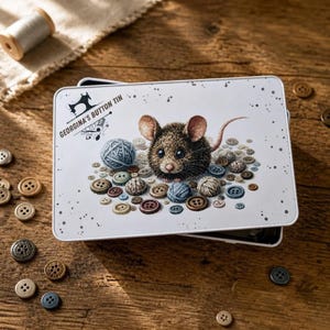 Puede incluir: Una caja rectangular de metal blanco con el texto "GEORGINA'S BUTTON TIN" y un gráfico de máquina de coser. La caja presenta una ilustración detallada de un ratón rodeado de botones y bolas de hilo. Los botones están esparcidos.