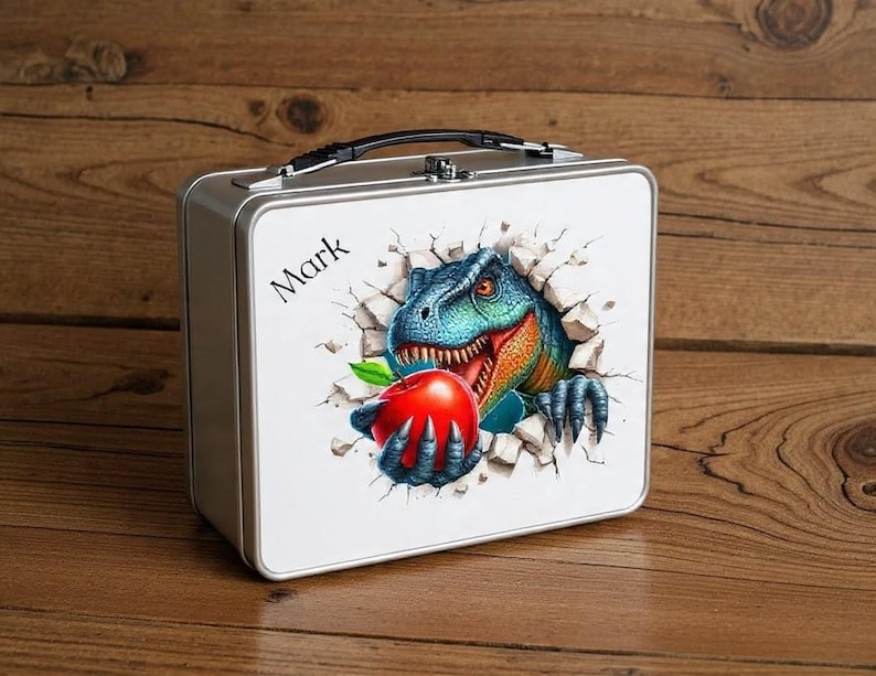 Lunchbox with handle, metal Retro style personalised children's Dinosaur snack pale. School dinner bag. 5 style and 3 colours to choose from