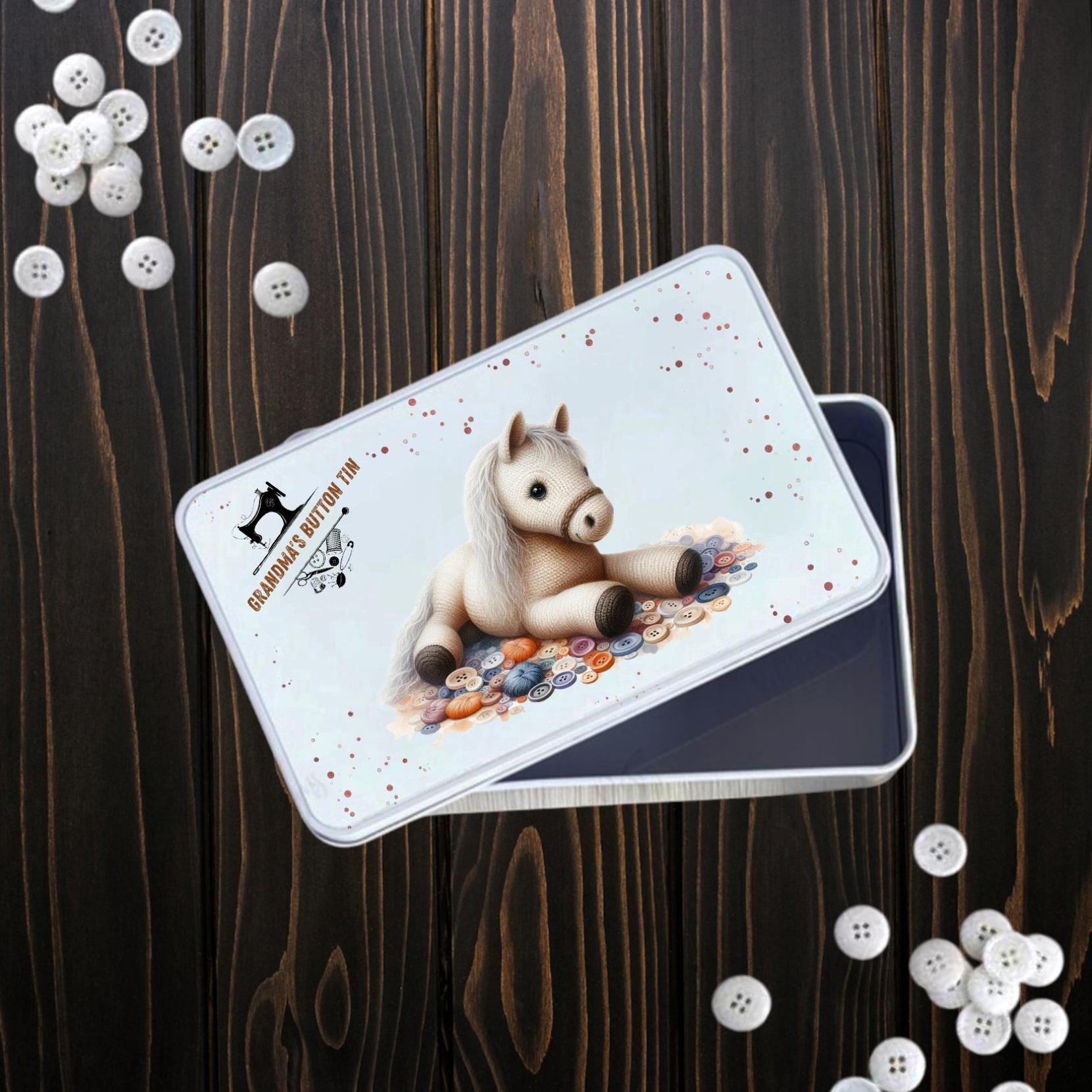 Button Tin. A Lovely Crochet Horse Metal Storage Sewing Box Accessory ...