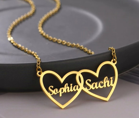 Custom Name Double Heart Pendant Necklace Two Name Women