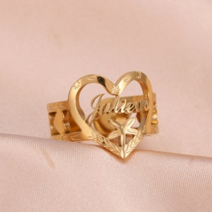 Custom Name Leaf Heart Ring 18K Gold Plated Stainless Steel Adjustable Jewelry Gift Gold Silver Rose Gold Nameplate Ring Women Personalized