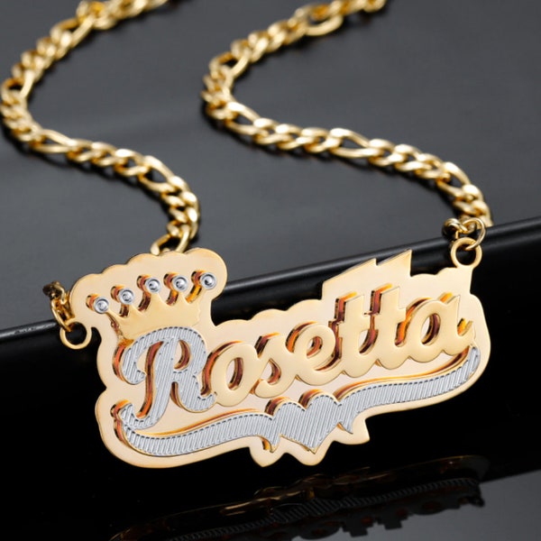 Custom Crown 3D Name Necklace Pendant Letter Double Layered Two Tone Stainless Steel Jewelry Chain Nameplate Men Women Gold Silver Rose Gold