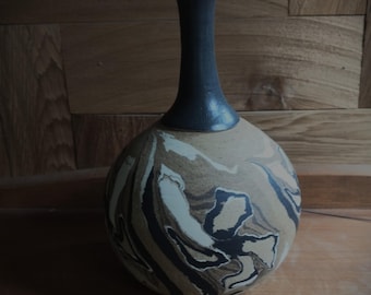 Handmade Vase with Narrow Neck and Colored Clay or Nerikomi Design