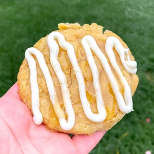 May include: A round, golden-brown baked biscuit topped with a glossy, amber-coloured glaze and thick, wavy lines of white icing drizzled across the surface. The biscuit has a textured, crumbly appearance and is held in a palm.