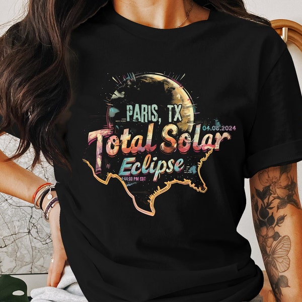 Paris, TX 2024 Total Solar Eclipse T-Shirt, Colorful Eclipse Graphic, Unisex Tee, Astronomy Event Souvenir, Gift for Space Lovers