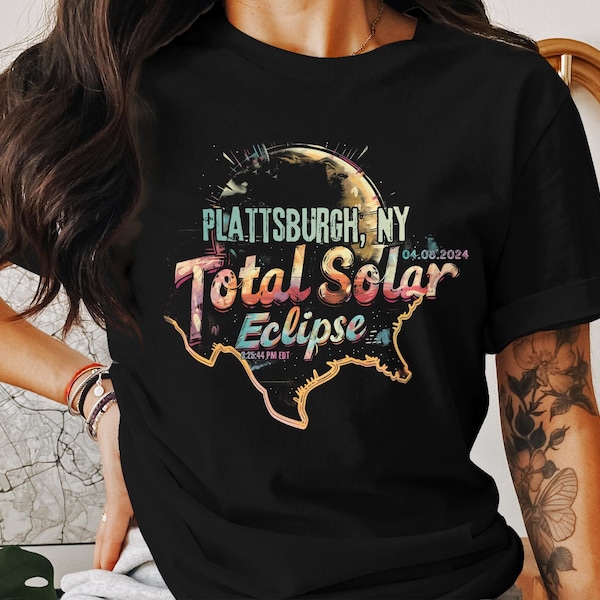 Plattsburgh, NY 2024 Total Solar Eclipse T-Shirt, Colorful Astronomy Event Tee, Unique Eclipse Souvenir, Unisex Graphic Shirt