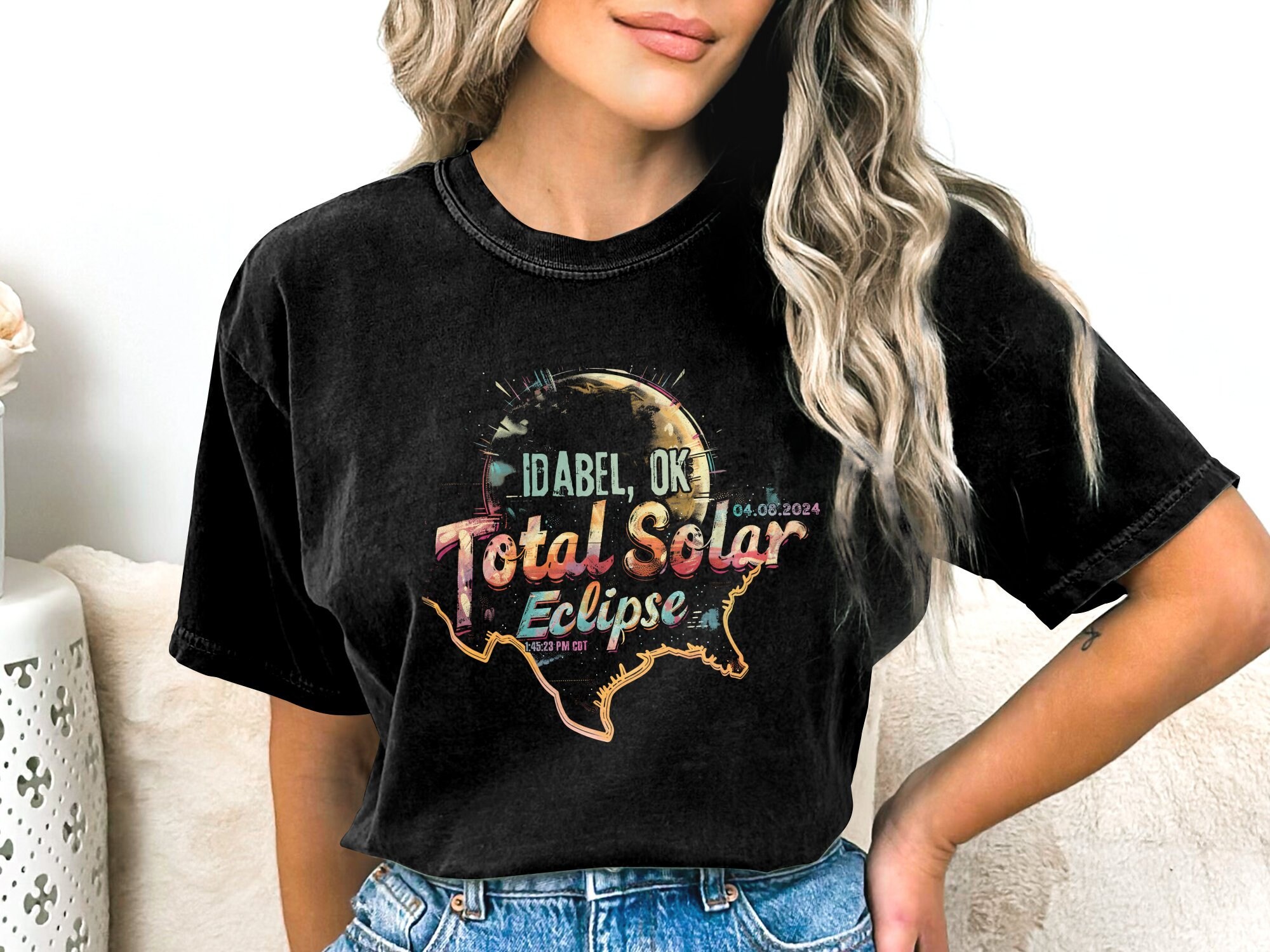 Idabel, OK 2024 Total Solar Eclipse Unisex Tshirt, Colorful Eclipse