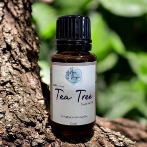 May include: A brown glass bottle of Tea Tree essential oil with a black cap. The label reads "100% Pure Tea Tree Essential Oil" and "Melaleuca alternifolia". The bottle contains 15 ml of oil.