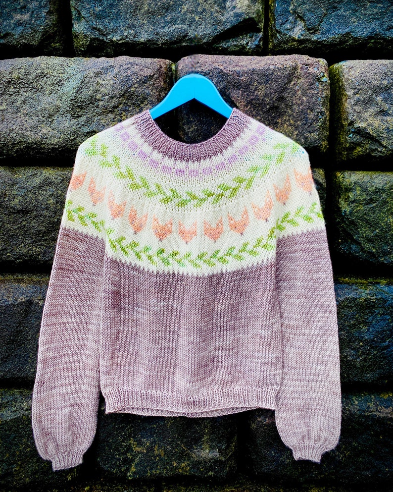 May include: A light pink knitted jumper with a floral pattern on the yoke. The jumper has long sleeves and a crew neck.