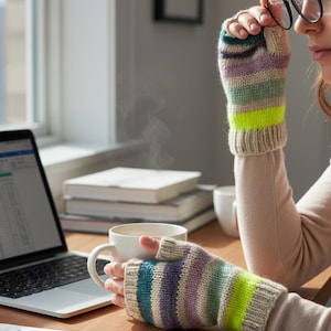 Hand Knitted Striped Fingerless Gloves - Wrist Warmers - Texting Gloves