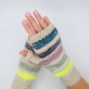 Colorful striped fingerless mittens knitting pattern, PDF pattern for fingerless mitts - Gemini Mittens knitting pattern