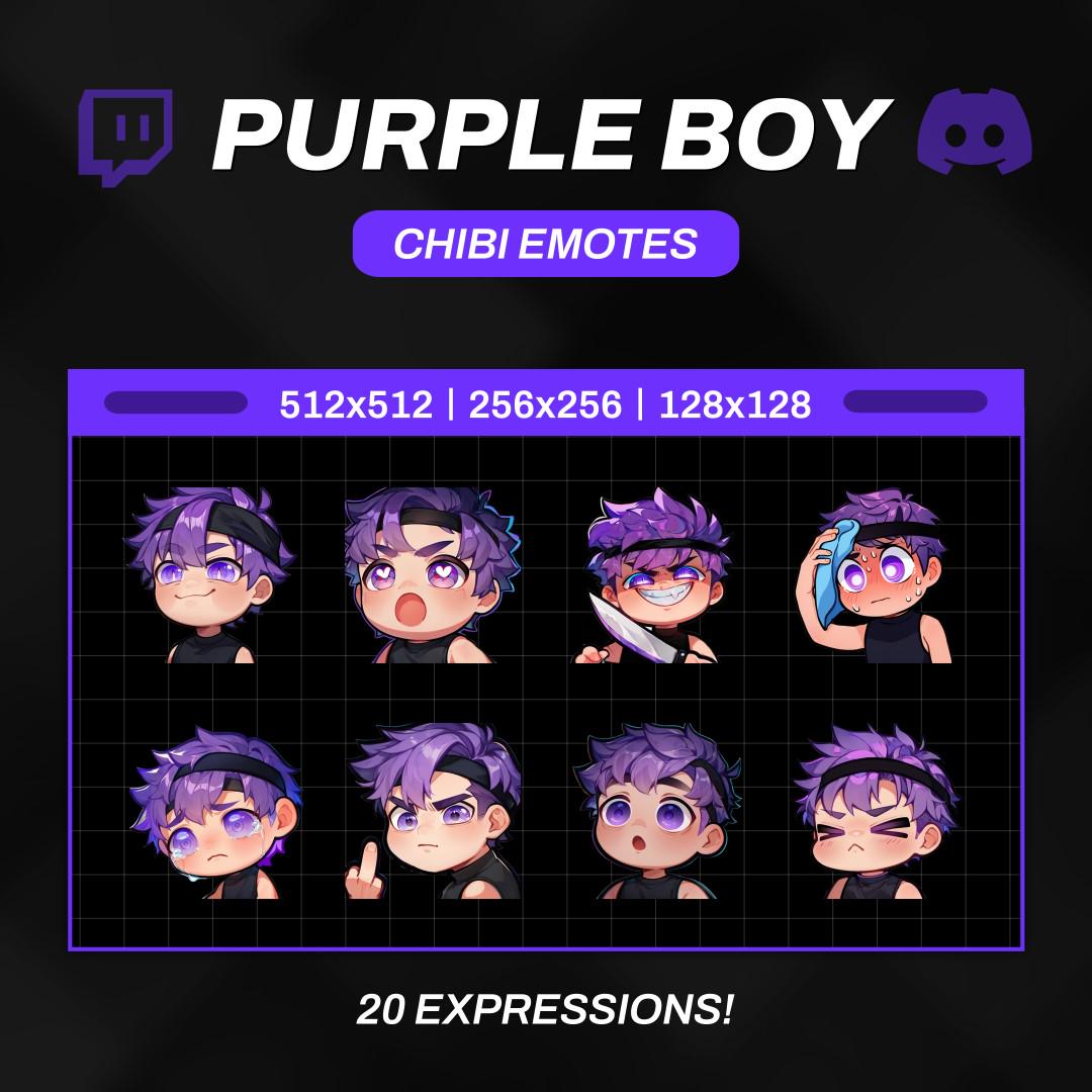20 Twitch-Emotes Purple Boy – Set, Bundle, Pack, Aufkleber, Discord, YouTube, Gamer, Streamer, niedlich, Kawaii, Chibi, Anime, Junge, männlich