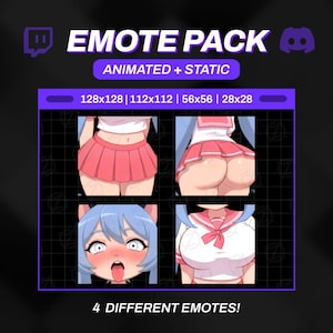 Peut inclure: Graphique numérique présentant quatre emotes de style anime. Les emotes sont disponibles en plusieurs tailles, dont 128x128, 112x112, 56x56 et 28x28. Le texte "EMOTE PACK" et "ANIMATED + STATIC" est affiché en haut, avec "4 DIFFERENT EMOTES!" en bas.