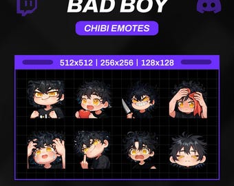 20 Twitch emotes Bad Boy - set, bundle, pack, stickers, Discord, YouTube, Gamer, Streamer, Cute, Kawaii, Chibi, Anime, boy, male