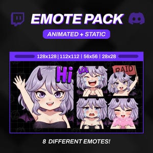 Op de afbeelding: Een digitale kunstafbeelding voor een emote-pakket. De afbeelding heeft een paars en zwart kleurenschema met de tekst "EMOTE PACK" en "ANIMATED + STATIC". Het pakket bevat acht verschillende emotes van een stripfiguur met paars haar en hoorns, in verschillende uitdrukkingen.