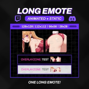 Może przedstawiać: Grafika cyfrowa z kreskówkowym wizerunkiem kobiety w czerwonym kostiumie kąpielowym. Tekst "LONG EMOTE" i "ANIMATED + STATIC" są wyświetlane u góry. Obraz zawiera opcje rozmiaru: 128x128, 112x112, 56x56 i 28x28.