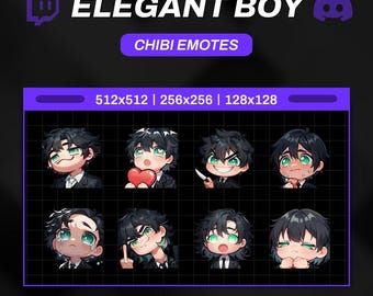 20 Twitch emotes Elegant Boy - set, bundle, pack, stickers, Discord, YouTube, Gamer, Streamer, Cute, Kawaii, Chibi, Anime, boy, male