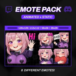 May include: A digital art Emote Pack with eight different animated and static emotes. The emotes feature a character with pink hair and purple eyes, expressing various emotions. The pack includes sizes 128x128, 112x112, 56x56, and 28x28.
