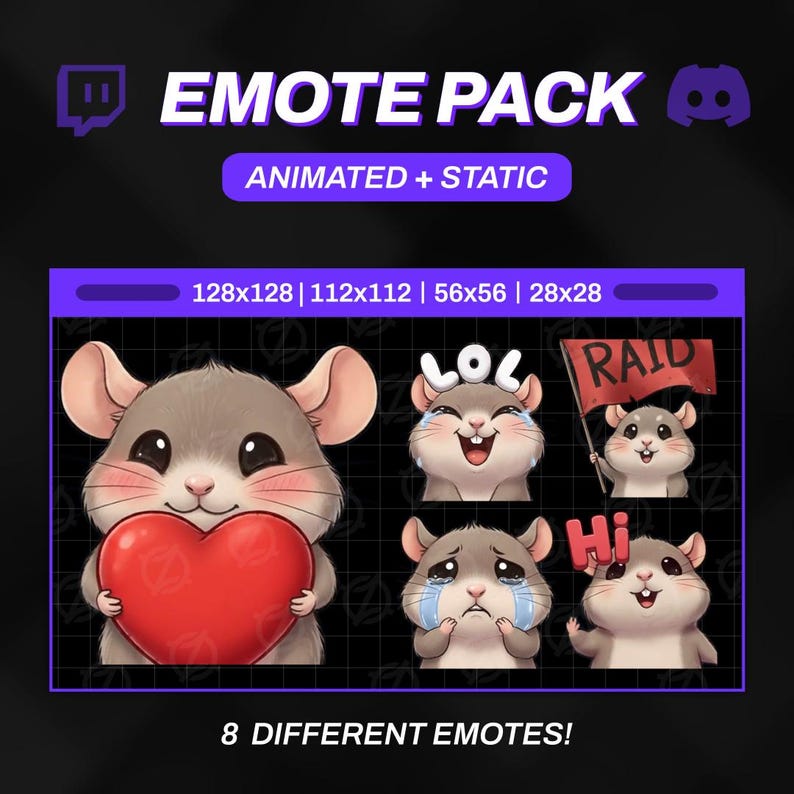 Animated Rat Emotes Pack | 8 Cute GIFs for Twitch, Discord | Kawaii Streamer Graphics, Sub Badges | Instant Digital Download image 1