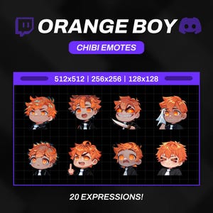 Pode incluir: Um conjunto de 20 emotes chibi de menino laranja em várias expressões. Os emotes estão em um formato de grade com o texto "512x512 | 256x256 | 128x128" e "20 EXPRESSIONS!" abaixo da grade.