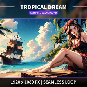 Pode incluir: Uma mulher com um traje de pirata vermelho e dourado senta-se em uma plataforma de madeira com um fundo de ilha tropical. Um grande navio de madeira navega à distância. O texto "TROPICAL DREAM ANIMATED BACKGROUND 1920 x 1080 PX | SEAMLESS LOOP" está na parte inferior da imagem.
