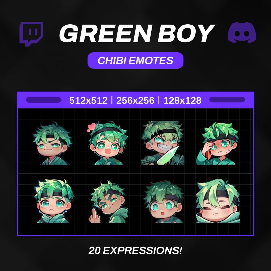 20 Twitch emotes Green Boy - set, bundle, pack, stickers, Discord, YouTube, Gamer, Streamer, Cute, Kawaii, Chibi, Anime, boy, male