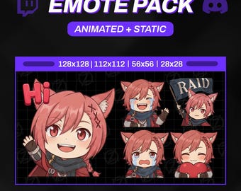 May include: A digital Emote Pack graphic with the text "EMOTE PACK" and "ANIMATED + STATIC". It features eight different emotes of a character with pink hair and cat ears, in various expressions. The sizes are listed as 128x128, 112x112, 56x56, and 28x28.