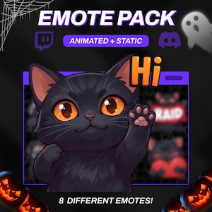 Könnte beinhalten: Ein digitales Emote-Paket mit einer schwarzen Katze mit großen orangefarbenen Augen, die winkt. Der Text lautet EMOTE PACK, ANIMATED + STATIC, Hi und 8 DIFFERENT EMOTES! Das Design enthält ein Gespenst, ein Spinnennetz und Kürbisse auf schwarzem Grund.