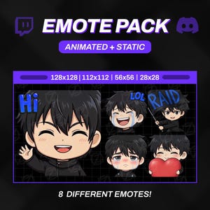 Puede incluir: Un gráfico digital que presenta un "EMOTE PACK" con emotes animados y estáticos. La imagen muestra ocho emotes diferentes de un personaje de dibujos animados con cabello negro, que expresan varias emociones, incluyendo "Hi", "LOL" y "RAID".