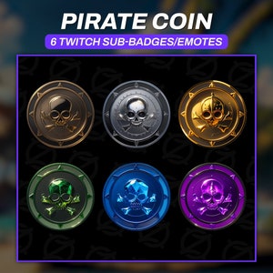 Pode incluir: Seis emblemas ou emoticons de inscrição Twitch redondos de diferentes cores em forma de moeda de pirata. As moedas são douradas, prateadas, verdes, azuis, roxas e bronze. Cada moeda apresenta um design de caveira e ossos cruzados.