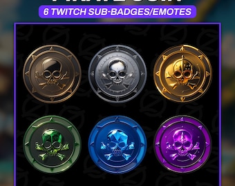 May include: Six different colored round pirate coin Twitch sub badges or emotes. The coins are gold, silver, green, blue, purple, and bronze. Each coin features a skull and crossbones design.