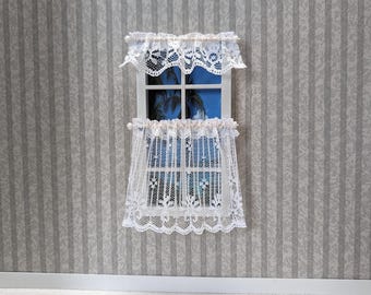 Classic Country White Lace Cafe Curtains for 1:12 Scale Dollhouses