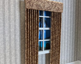 Taupe Bamboo Print Dollhouse Curtains 1:12 Scale