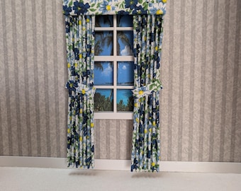 Navy Flower Patch Tieback Dollhouse Curtains 1:12 Scale